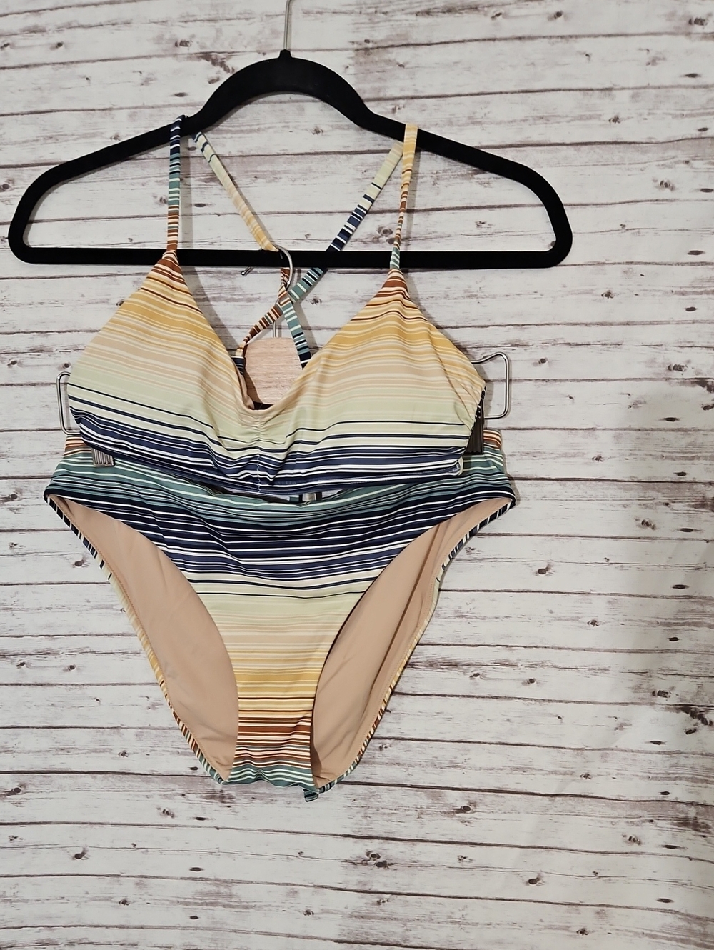 MeUndies Striped Bikini Set in Yellow, Blue, Green, Cream, Tan